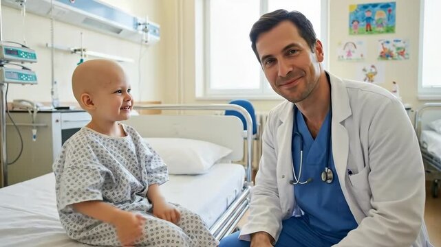 cheerful caucasian doctor giving high five to little child patient with cancer in hospital ward. medical staff and kid celebrating recovery. oncology clinic concept. healthcare, medicine.