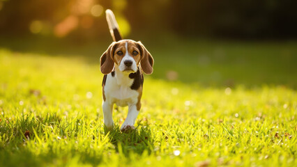 Adorable beagle puppy walking towards the camera in a sunlit grassy field