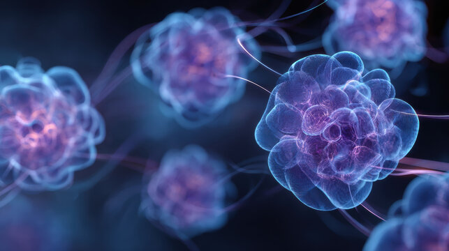 Blue and purple organic blob clusters float in dark background, connected by thin filaments, creating glowing, abstract, and futuristic science inspired visual