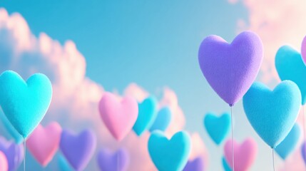 Colorful heart balloons floating against a bright sky filled with clouds