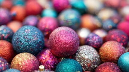Fototapeta premium Colorful glittering ornaments scattered on a festive surface