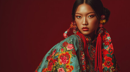 Fototapeta premium Portrait of asian model in blended traditional and modern textiles with warm soft lighting. Close-up portrait of model wearing mixed traditional and modern textiles with rich patterns, identify expres