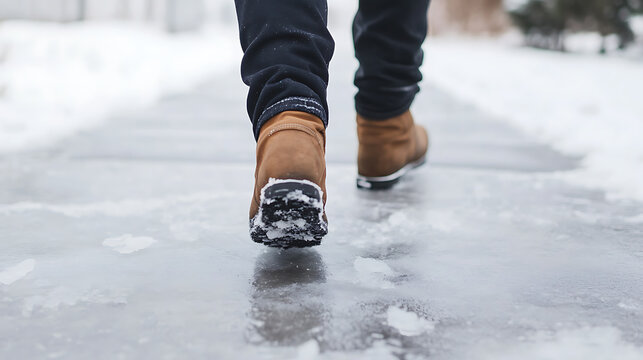 A person walking on a slick icy sidewalk in winter, wearing brown boots and dark pants, showing the potential dangers of winter weather and icy conditions outdoors, with a snow background.