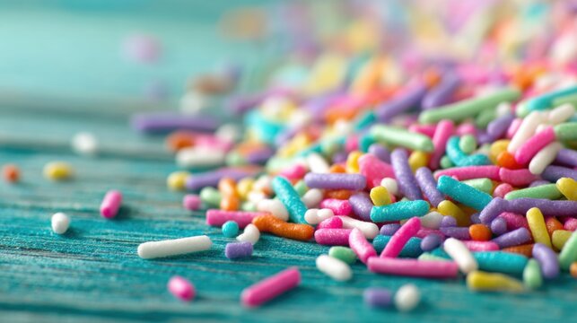 Colorful sprinkles scattered on a blue wooden surface for dessert decoration - Powered by Adobe