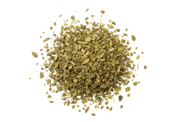Crumbled dried oregano leaves, olive green-yellow with brown undertones, textured, brittle, scattered sparsely on a transparent seamless background, top-down macro shot, concept of natural seasoning