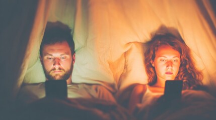 Couples using smartphones in bed at night for entertainment and connection