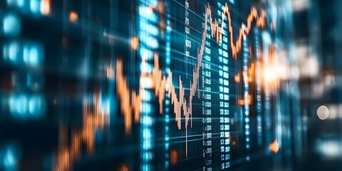 Abstract digital display of financial market data with glowing blue and orange lines representing stock prices and economic trends in a modern cityscape