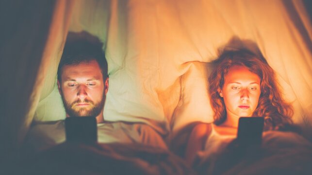 Couples using smartphones in bed at night for entertainment and connection