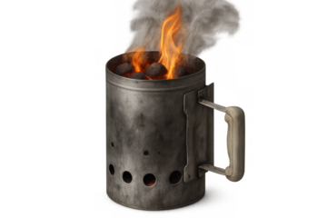 Charcoal chimney starter burning briquettes with flames and smoke, preparing for barbecue grilling, transparent background