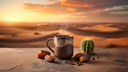A mug of coffee with dates and a cactus in a desert landscape at sunset