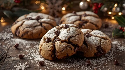 Rustic Holiday Chocolate Chip Cookies with Powdered Sugar Snow