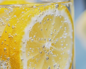Macro close-up of a refreshing glass of water with lemon slices and bubbles, showcasing a bright and healthy hydration aesthetic