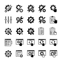 Set of black and white settings and configuration icons for web and app design.