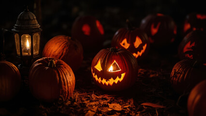 Glowing jack-o'-lanterns and a lantern create a spooky Halloween scene