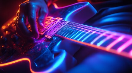 Naklejka premium A talented musician plays a neon-lit electric guitar, captivating the audience during a live show