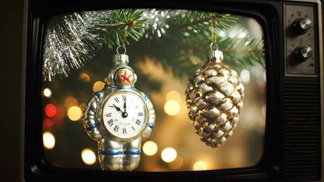 Retro TV screen showing 1987 Christmas tree with vintage ornaments
