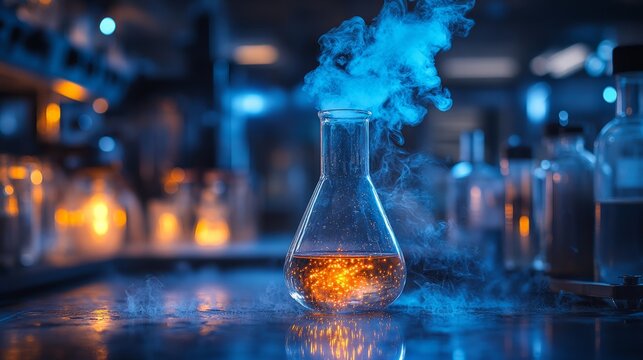 A bubbling beaker with glowing liquid and swirling vapor creates an eerie atmosphere of discovery in the lab