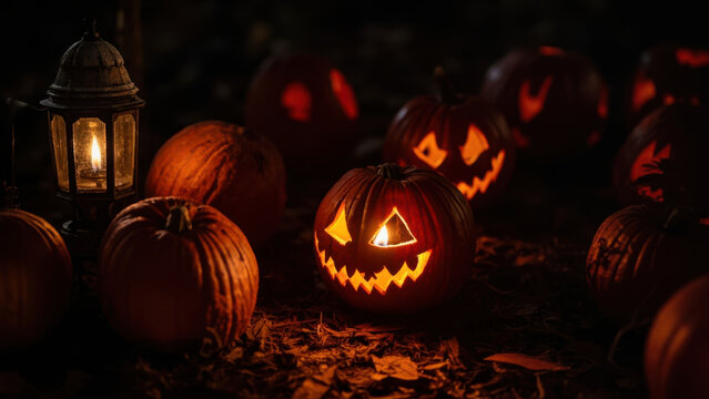Glowing jack-o'-lanterns and a lantern create a spooky Halloween scene