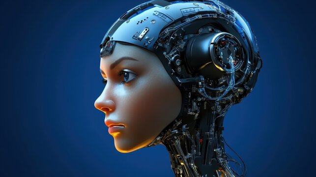 Side profile of a realistic female android with exposed circuits. AI-generated.