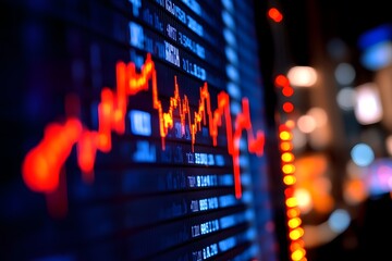 Dynamic stock market trading chart displaying fluctuating financial data with a vibrant orange line on a dark blue digital screen with blurred city lights in the background