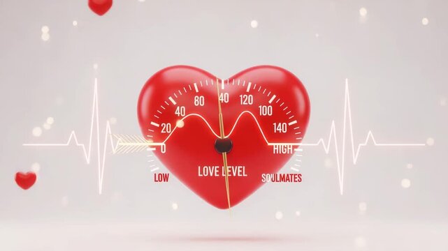 Love level meter in red heart with heartbeat line, soulmate concept