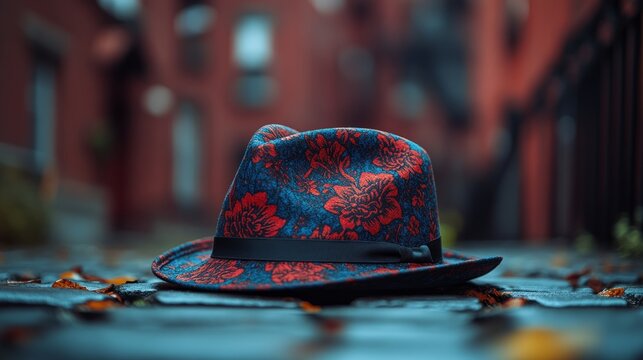 A floral hat sits on a cobblestone street with fallen leaves, capturing the charm of an urban autumn day