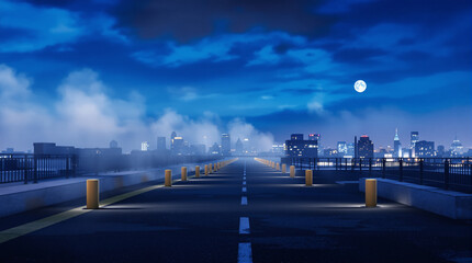 Cityscape at Night with Bright Moon and City Lights, Urban Night Photography, Liminal