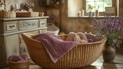A cozy space with a large basket of blankets and bright flowers, creating a warm and inviting vibe