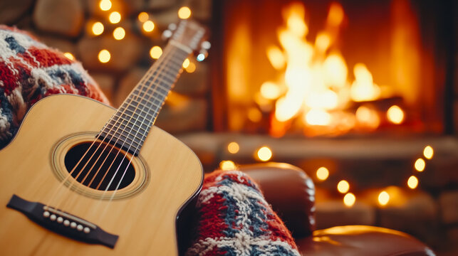 Cozy acoustic ambiance: guitar by the fireplace for relaxing evenings
