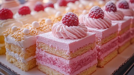 Colorful raspberry cream cakes adorned with whipped cream and raspberries showcase culinary artistry at a summer event