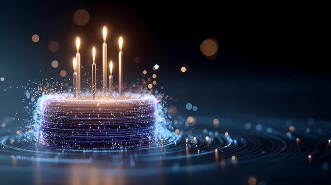 Futuristic digital birthday cake with glowing candles, digital particle trails and neon bokeh create sleek tech celebration atmosphere suitable for metaverse party