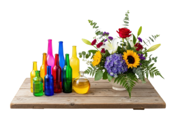 Colorful bottles and floral arrangement on wooden surface isolated on transparent background