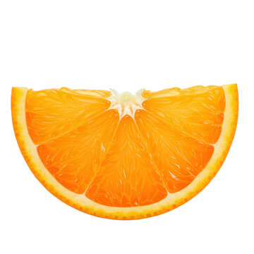 Vibrant orange wedge with translucent, glistening pulp and intense rind, perfectly cut, isolated against a seamless transparent background with copy space. Concept for citrus product advertising