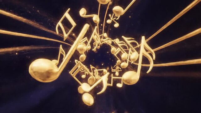 Abstract gold musical notes flowing on black background for creative projects