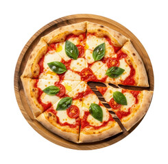Slicing delicious margherita pizza kitchen food top-down isolated on transparent background