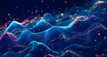 Abstract digital art depicting glowing ethereal waves and shimmering particles in a deep cosmic blue and purple nebula with vibrant light effects