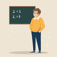 Un profesor est&aacute; junto a una pizarra con una ecuaci&oacute;n matem&aacute;tica escrita, observando a los alumnos.
