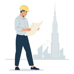 Un arquitecto con casco amarillo observa un plano frente al skyline de una ciudad con rascacielos en construcci&oacute;n.
