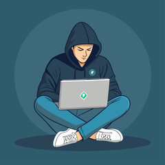 Un joven con sudadera de capucha y laptop trabaja sentado en el suelo con las piernas cruzadas, en un entorno moderno y digital.
