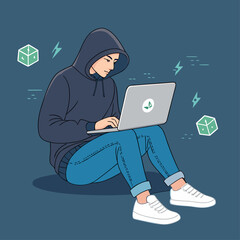 Un joven con capucha y jeans trabaja concentrado en su computadora port&aacute;til, rodeado de s&iacute;mbolos digitales y ambiente moderno.
