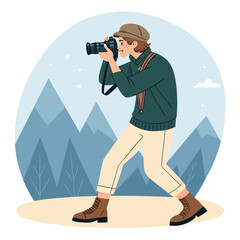 Un fot&oacute;grafo masculino toma fotos con una c&aacute;mara profesional en un entorno monta&ntilde;oso natural, usando botas y ropa c&oacute;moda.
