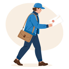 Un cartero camina con una carta en la mano y una bolsa colgada al hombro, vestido con uniforme azul.
