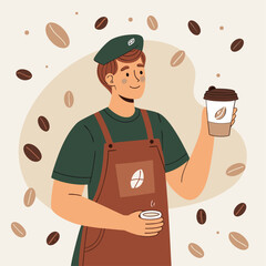 Otro barista con boina y delantal marr&oacute;n sostiene una taza y un vaso de caf&eacute;, rodeado de granos.
