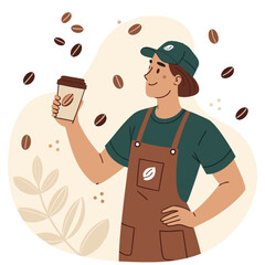 Un barista con delantal y gorra sostiene un vaso de caf&eacute; rodeado de granos flotantes, sonriendo con orgullo.
