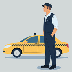 Un conductor de taxi con uniforme est&aacute; de pie junto a su coche amarillo, mirando hacia un lado.
