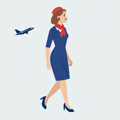 Una azafata con uniforme azul camina con una sonrisa mientras un avi&oacute;n vuela en el fondo.

