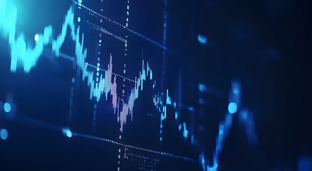 Abstract glowing blue digital financial chart with upward and downward trends on a dark background representing market fluctuations and economic growth