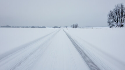 Obraz premium A snow-covered road stretches into the distance under an overcast sky, flanked by snow-covered fields and bare trees, evoking a sense of serene isolation.