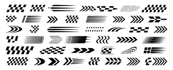 racing cars and stripe vector set with checkered flags, finish line graphics, dynamic speed lines, and motocross labels, ideal for automotive design, motorsport branding, and performance car 