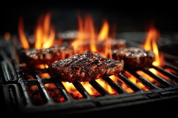 Grilling juicy burger patties on hot open flame, summertime cooking delicious food at outdoor barbecue for backyard party or celebration event